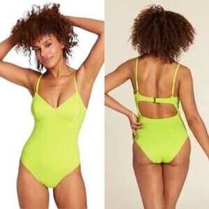 NWT Andie 'Bermuda' Cutout Back One Piece Swimsuit Neon Yellow Womens Size Large